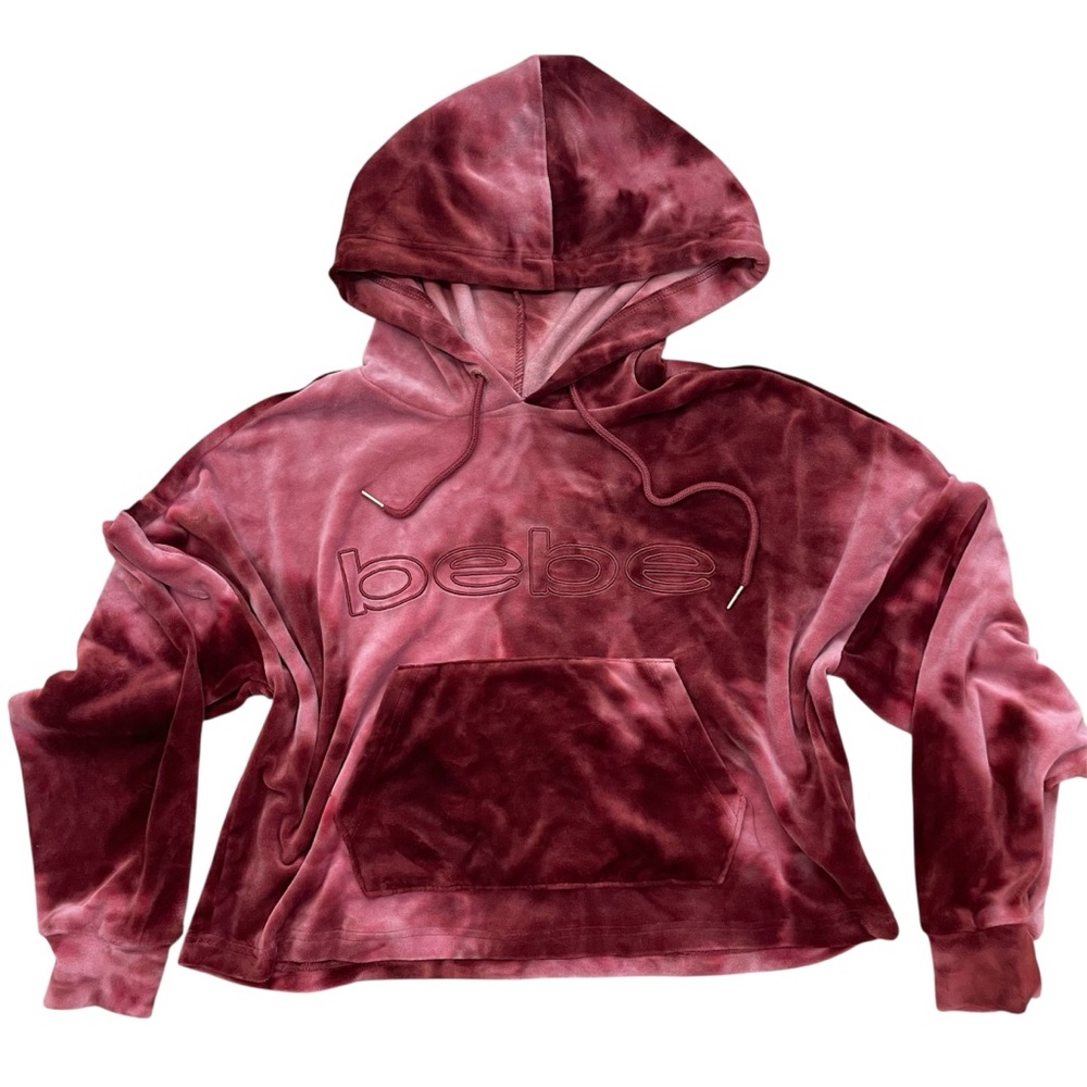 BEBE Velour Hoodie Rose Dust Dye Crop Sweater Small Glam Red Soft Track Loose
